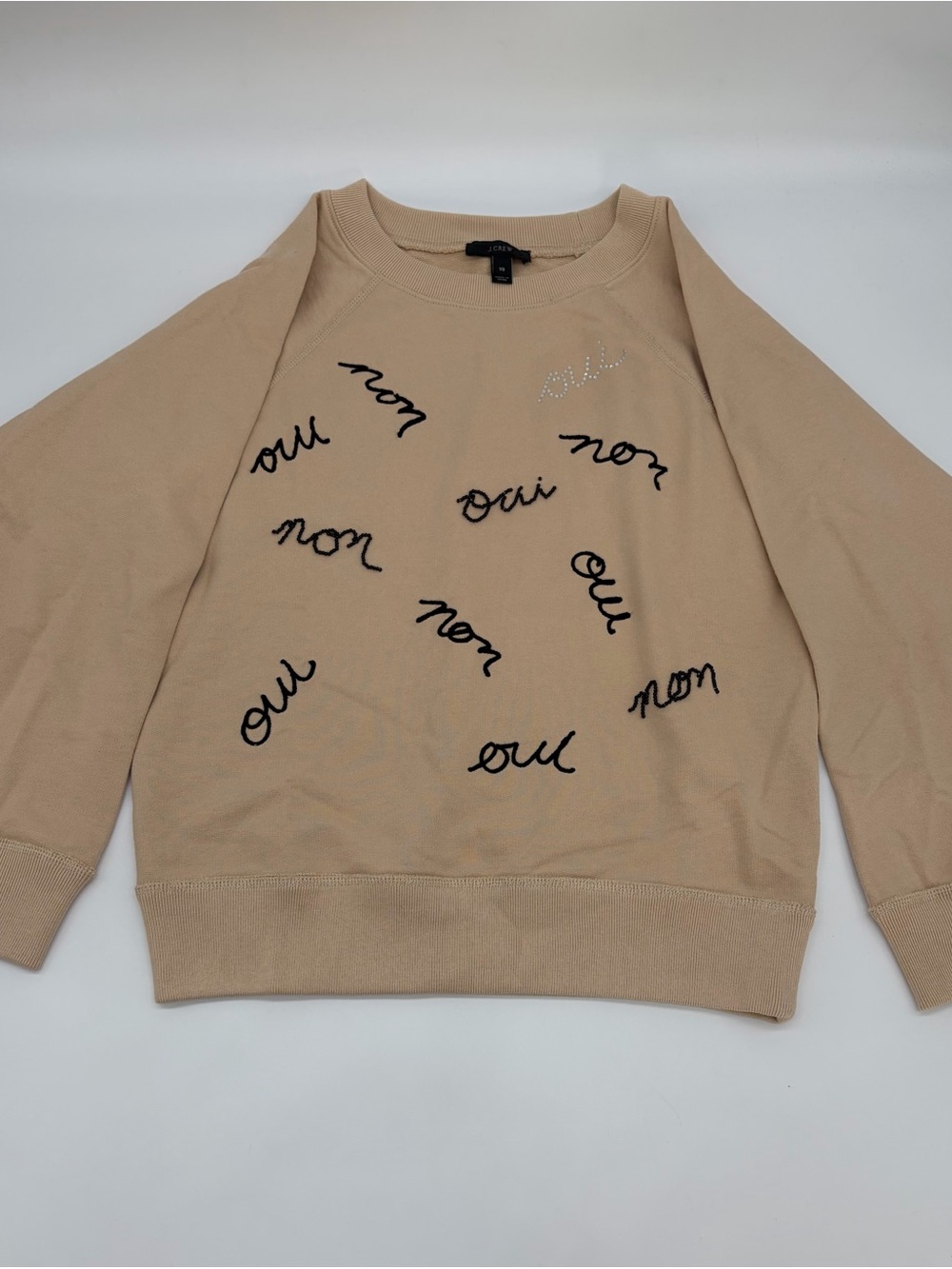 J. Crew Beige Embroidered 'oui/non' Sweater